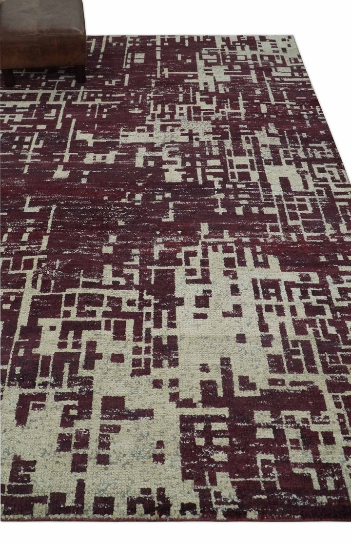 Hand Knotted 5x8 Maroon and Ivory Modern Abstract Contemporary Recycled Silk Area Rug - The Rug Decor