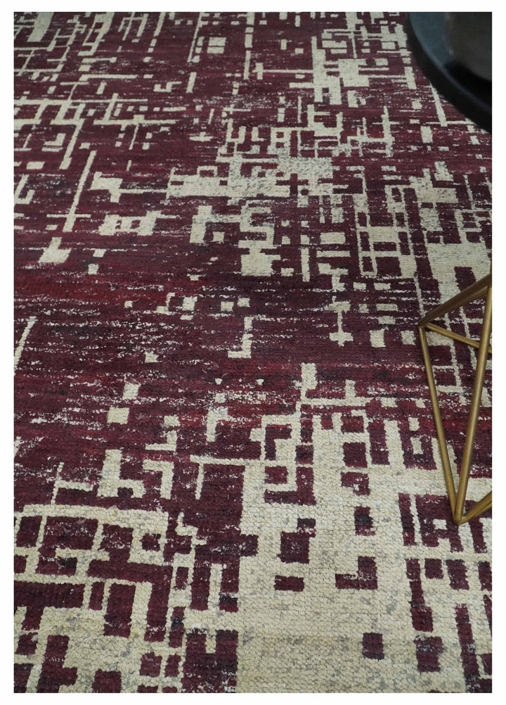 Hand Knotted 5x8 Maroon and Ivory Modern Abstract Contemporary Recycled Silk Area Rug - The Rug Decor