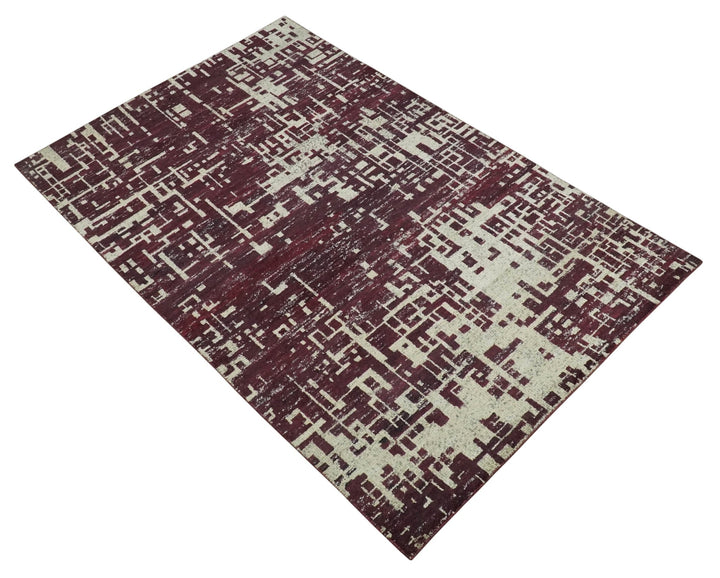 Hand Knotted 5x8 Maroon and Ivory Modern Abstract Contemporary Recycled Silk Area Rug - The Rug Decor