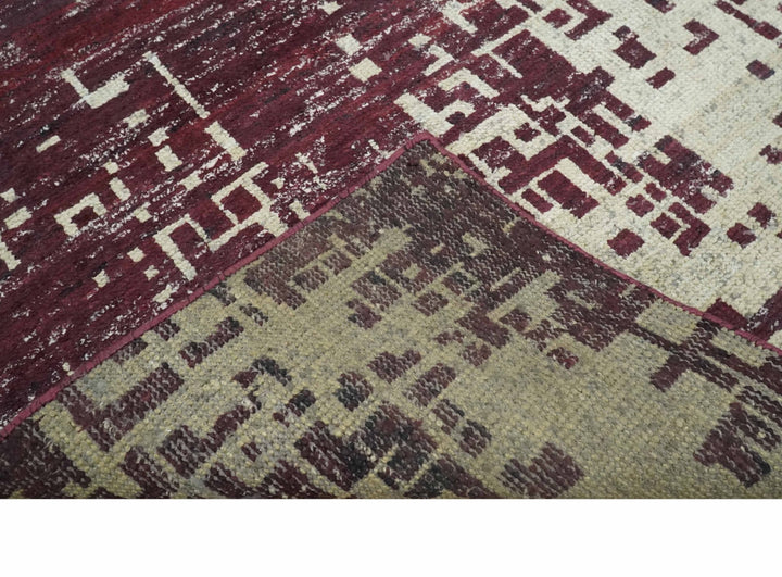 Hand Knotted 5x8 Maroon and Ivory Modern Abstract Contemporary Recycled Silk Area Rug - The Rug Decor