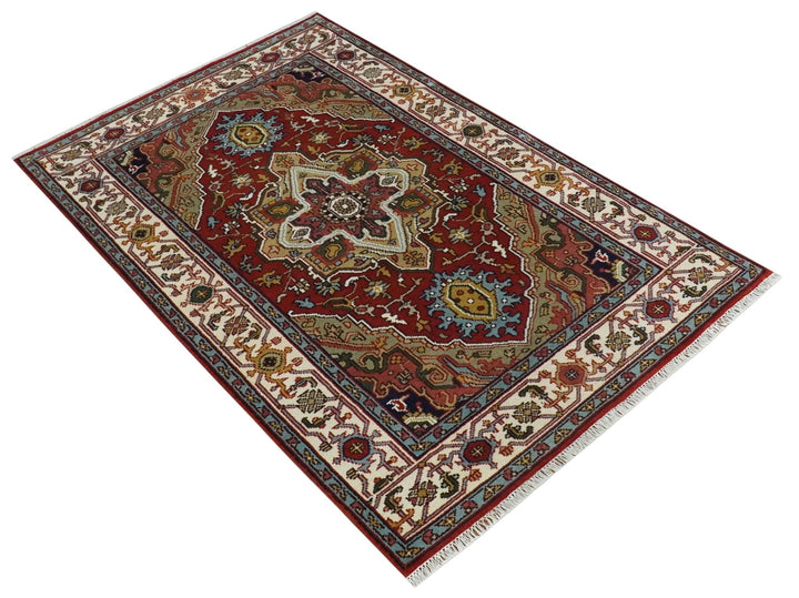 Hand knotted 5x8 Mustard, Brown and Ivory Traditional Heriz Serapi wool area rug - The Rug Decor