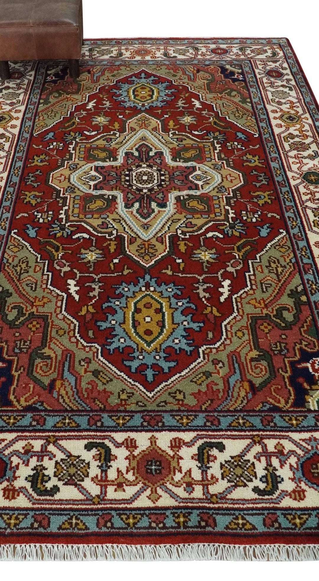 Hand knotted 5x8 Mustard, Brown and Ivory Traditional Heriz Serapi wool area rug - The Rug Decor