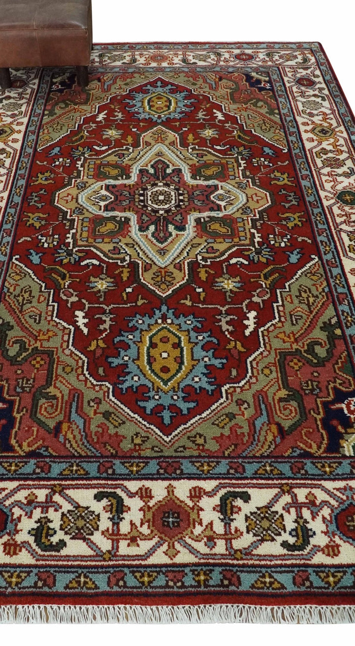 Hand knotted 5x8 Mustard, Brown and Ivory Traditional Heriz Serapi wool area rug - The Rug Decor