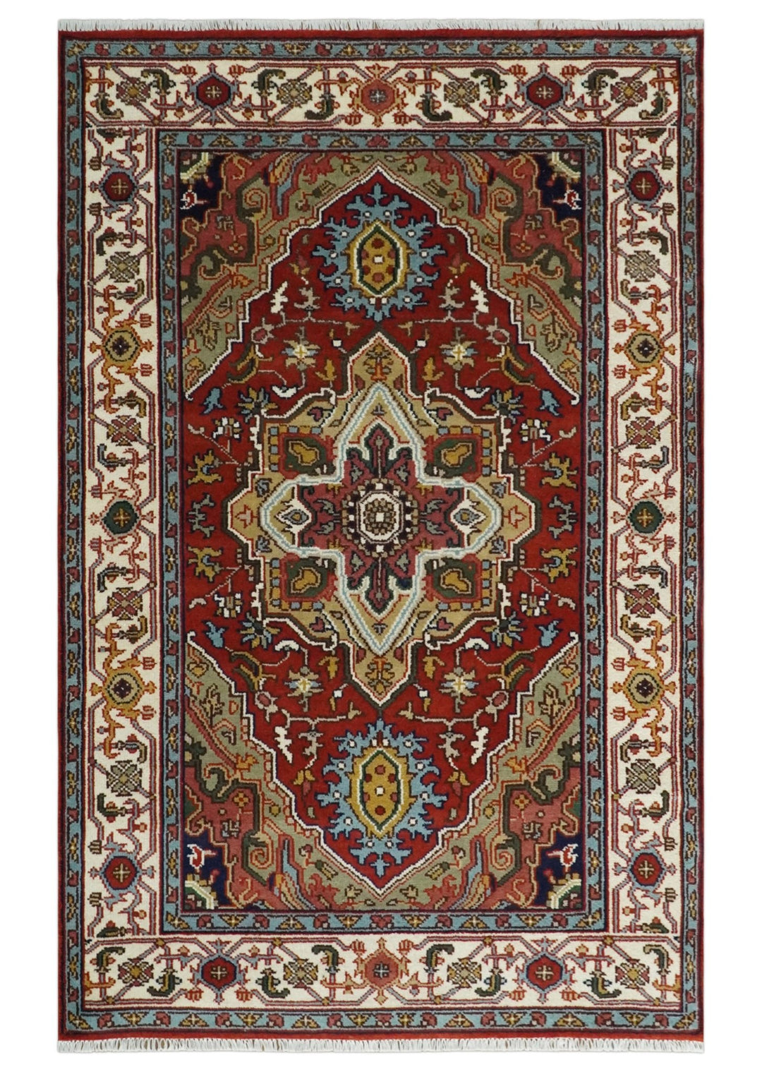 Hand knotted 5x8 Mustard, Brown and Ivory Traditional Heriz Serapi wool area rug - The Rug Decor