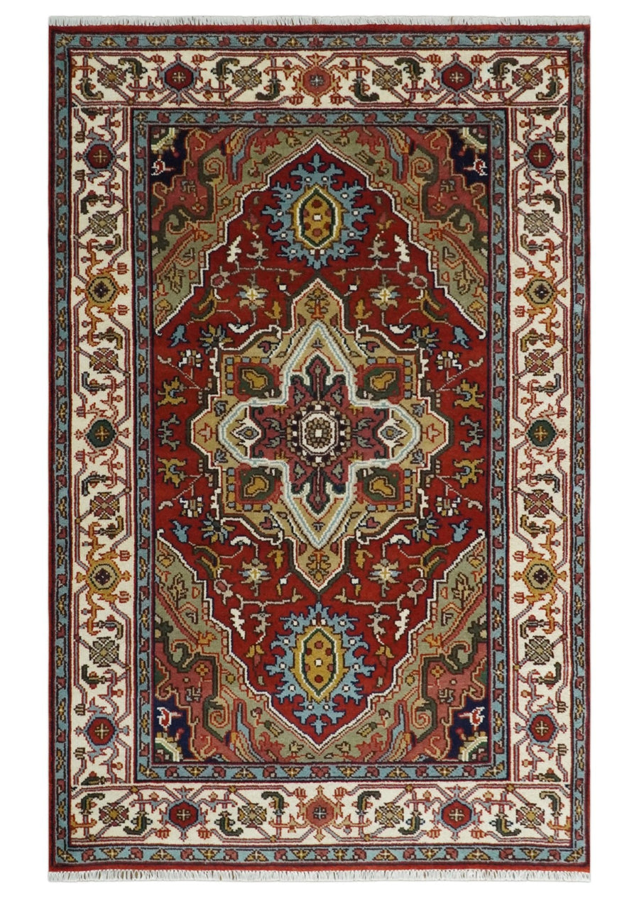 Hand knotted 5x8 Mustard, Brown and Ivory Traditional Heriz Serapi wool area rug - The Rug Decor