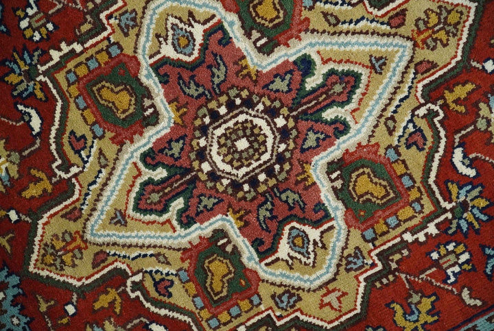 Hand knotted 5x8 Mustard, Brown and Ivory Traditional Heriz Serapi wool area rug - The Rug Decor