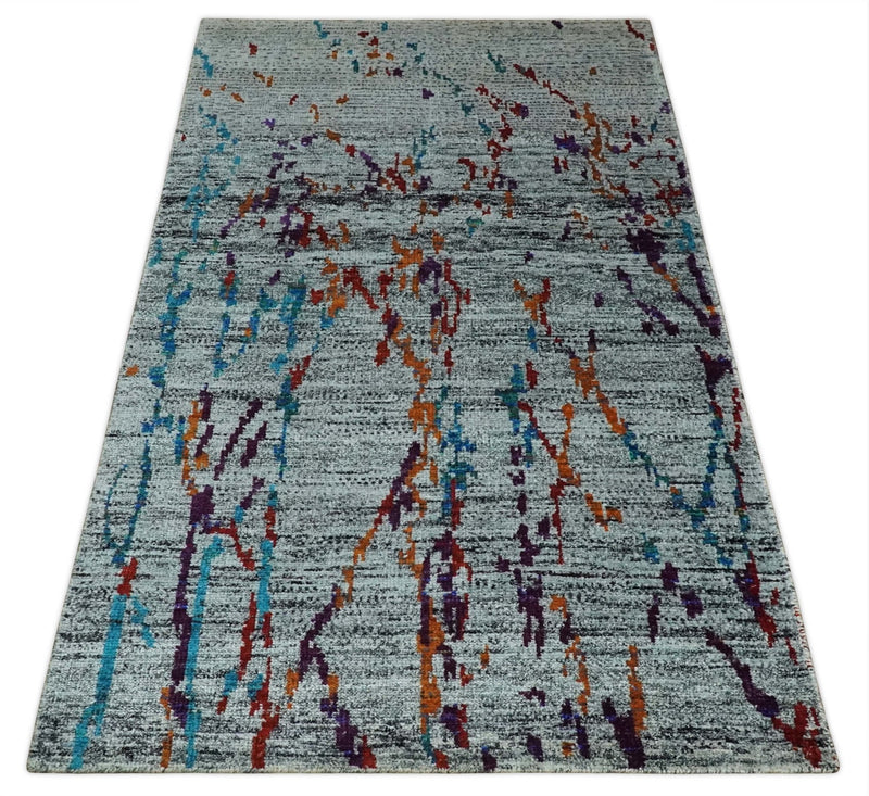Hand Knotted 5x8 Silver, Red and Gold Modern Abstract Contemporary Recycled Silk Area Rug | OP93 - The Rug Decor