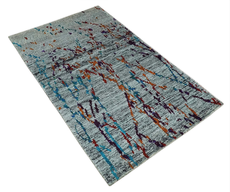 Hand Knotted 5x8 Silver, Red and Gold Modern Abstract Contemporary Recycled Silk Area Rug | OP93 - The Rug Decor