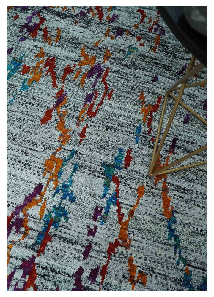 Hand Knotted 5x8 Silver, Red and Gold Modern Abstract Contemporary Recycled Silk Area Rug | OP93 - The Rug Decor