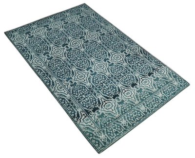 Hand Knotted 5x8 Teal and Ivory Modern Persian Contemporary Southwestern Tribal Trellis Recycled Silk Area Rug | OP97 - The Rug Decor
