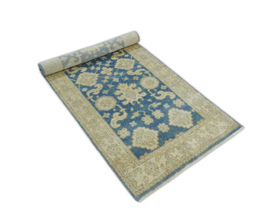 Hand Knotted 6 feet Oushak Runner Blue and Beige Wool Area Rug | RNR 5 - The Rug Decor
