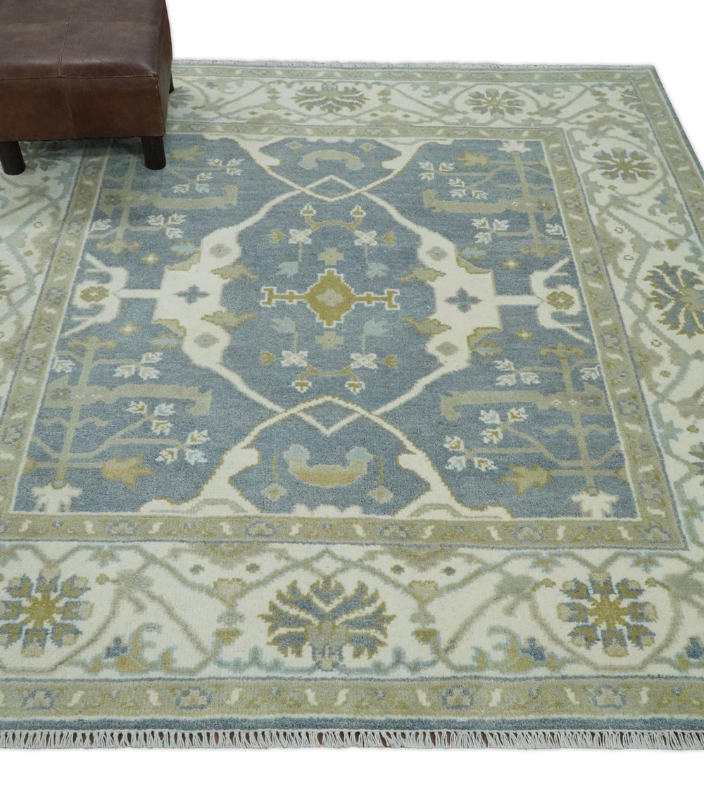 Hand Knotted 6x6 Square Oriental Oushak Ivory, Charcoal and olive Wool Area Rug - The Rug Decor