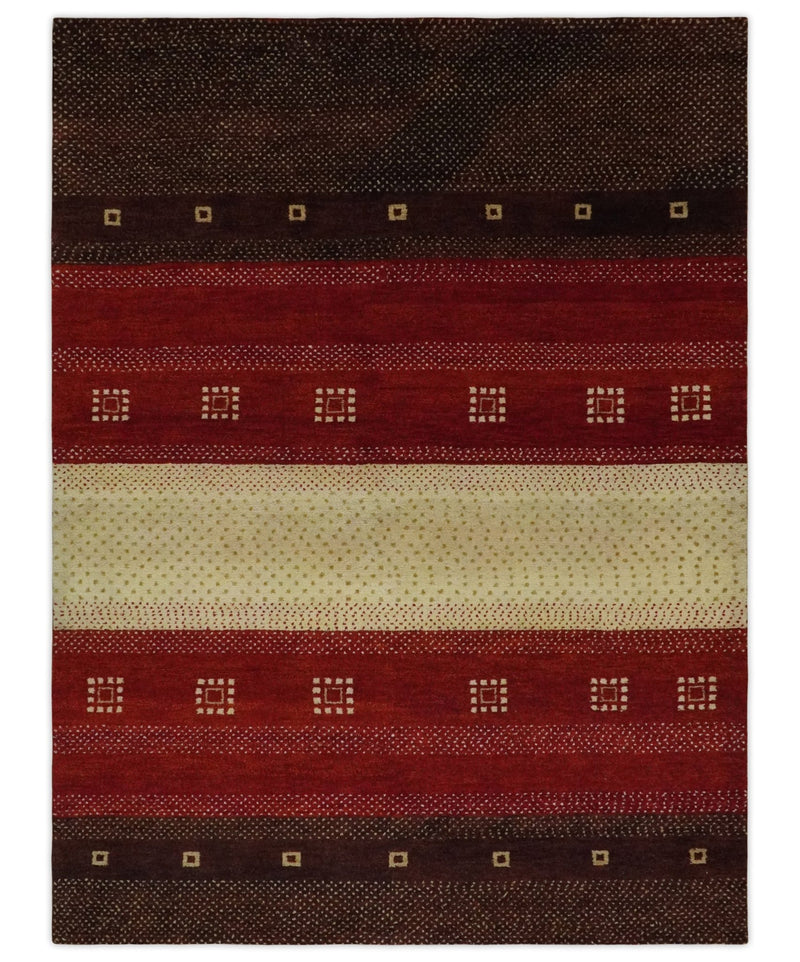 Hand Knotted 6x8 Beige, Maroon and Brown Stripes Wool Traditional Antique Southwestern Lori Gabbeh | TRDPC26 - The Rug Decor