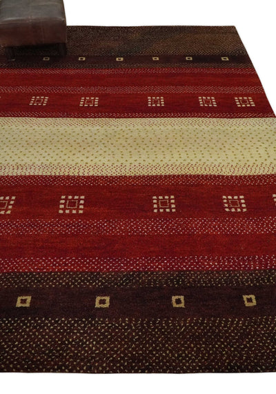 Hand Knotted 6x8 Beige, Maroon and Brown Stripes Wool Traditional Antique Southwestern Lori Gabbeh | TRDPC26 - The Rug Decor