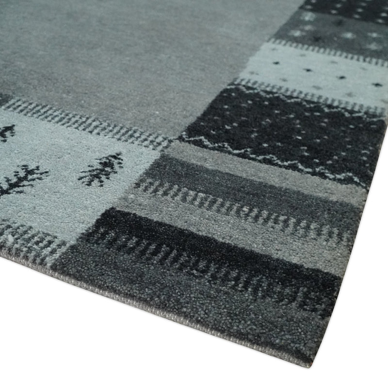 Hand Knotted 6x8 Charcoal, Gray and Ivory Solid Stripes Wool Traditional Antique Southwestern Lori Gabbeh | TRDPC4 - The Rug Decor