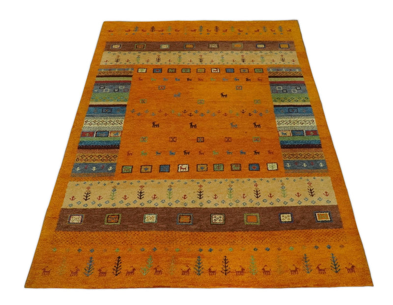 Hand Knotted 6x8 Gold and Multicolor Stripes Wool Traditional Antique Southwestern Lori Gabbeh | TRDPC12 - The Rug Decor