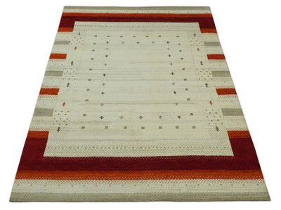 Hand Knotted 6x8 Ivory and Rust Stripes Wool Traditional Antique Southwestern Lori Gabbeh | TRDPC27 - The Rug Decor