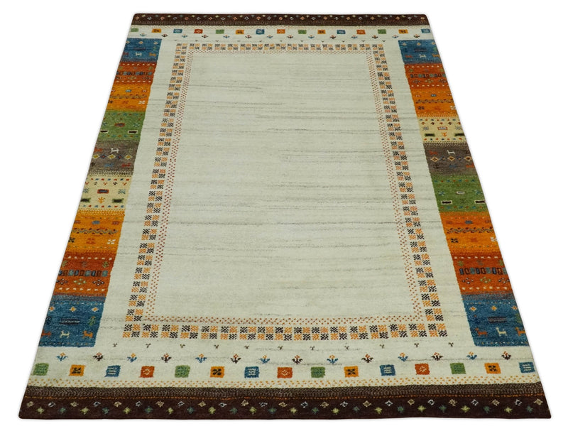 Hand Knotted 6x8 Ivory multicolor Stripes Wool Traditional Antique Southwestern Lori Gabbeh | TRDPC20 - The Rug Decor