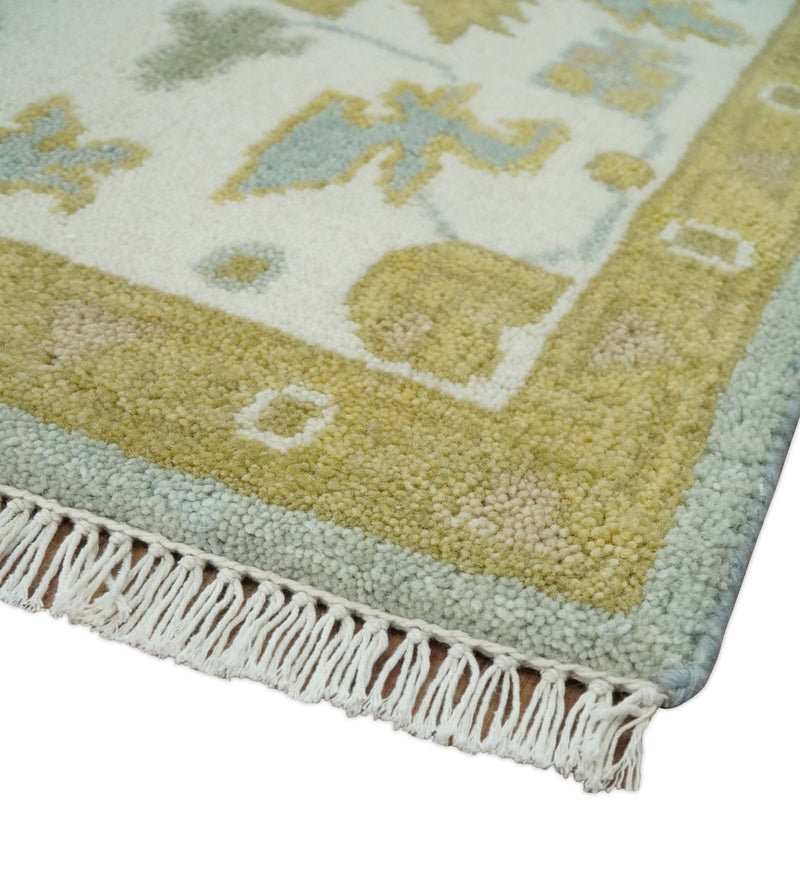 Hand Knotted 6x9 Blue, Mustard and Ivory Traditional Persian Oushak Wool Rug | TRDCP83369 - The Rug Decor