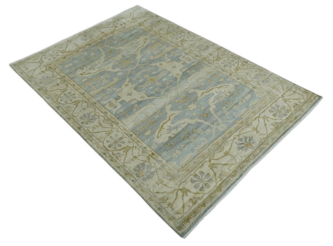 Hand Knotted 6x9 Oriental Oushak Turkish Style Silver and Beige Wool Area Rug - The Rug Decor