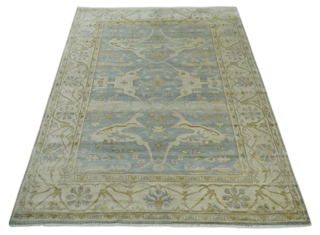 Hand Knotted 6x9 Oriental Oushak Turkish Style Silver and Beige Wool Area Rug - The Rug Decor