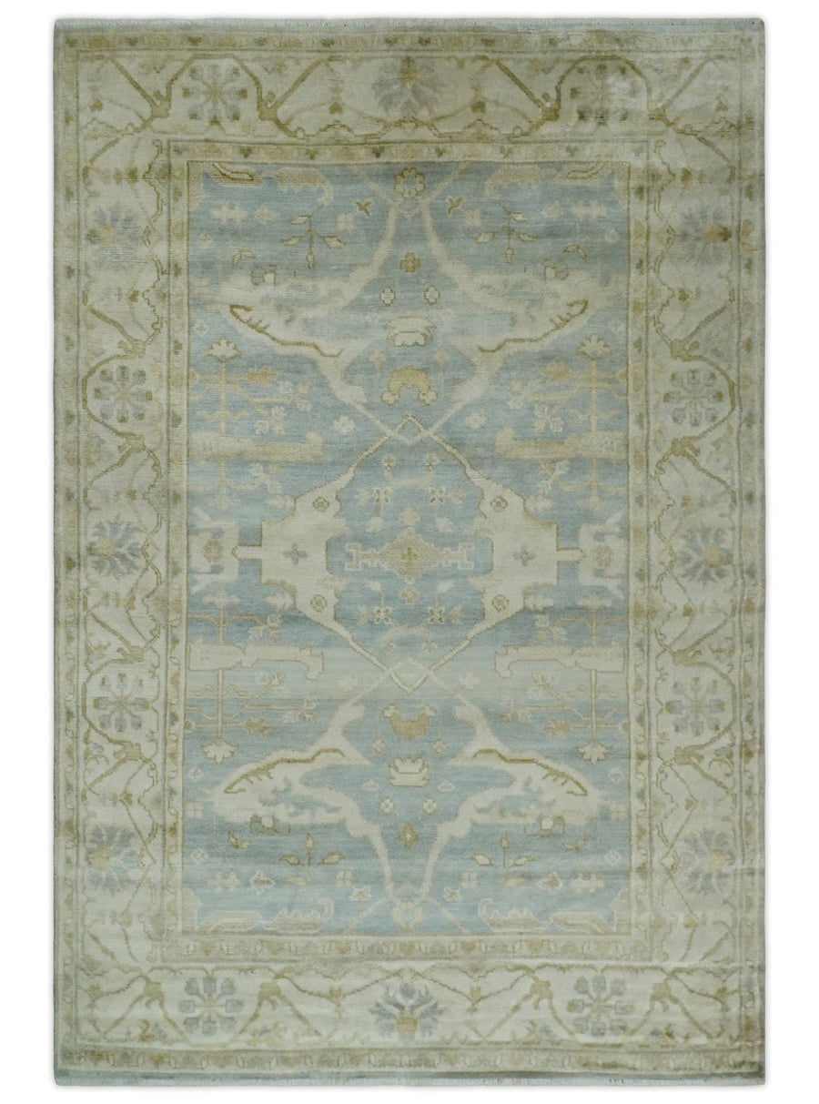 Hand Knotted 6x9 Oriental Oushak Turkish Style Silver and Beige Wool Area Rug - The Rug Decor