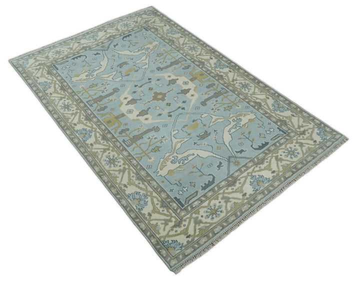 Hand Knotted 6x9 Vintage Blue, Beige and Camel Oriental Oushak Wool Area Rug | TRDCP86969 - The Rug Decor