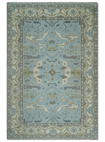 Hand Knotted 6x9 Vintage Blue, Beige and Camel Oriental Oushak Wool Area Rug | TRDCP86969 - The Rug Decor