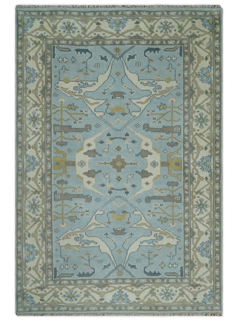 Hand Knotted 6x9 Vintage Blue, Beige and Camel Oriental Oushak Wool Area Rug | TRDCP86969 - The Rug Decor