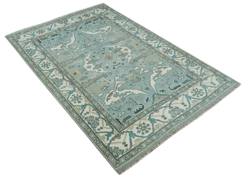 Hand Knotted 6x9 Vintage Blue, Ivory and Silver Oriental Oushak Wool Area Rug | TRDCP87169 - The Rug Decor
