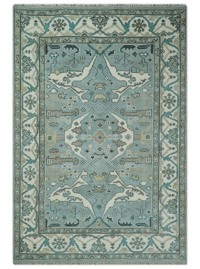 Hand Knotted 6x9 Vintage Blue, Ivory and Silver Oriental Oushak Wool Area Rug | TRDCP87169 - The Rug Decor