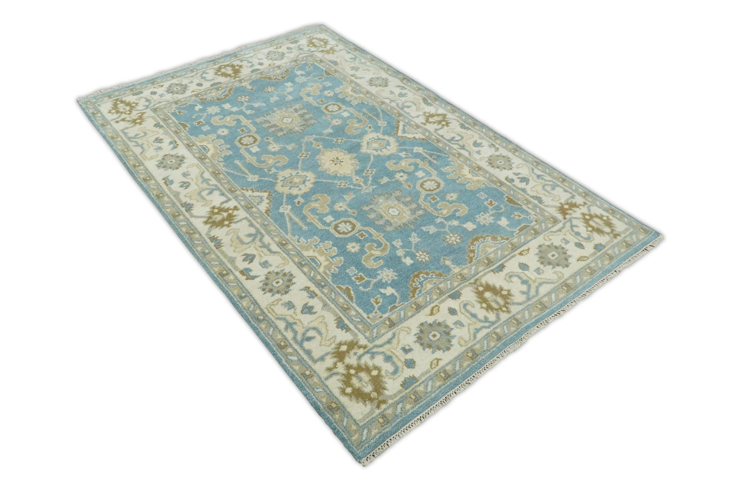 Hand Knotted 6x9 Vintage Oriental Oushak Blue and Beige Wool Area Rug | TRDCP1669 - The Rug Decor