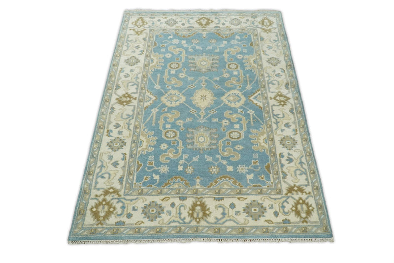 Hand Knotted 6x9 Vintage Oriental Oushak Blue and Beige Wool Area Rug | TRDCP1669 - The Rug Decor