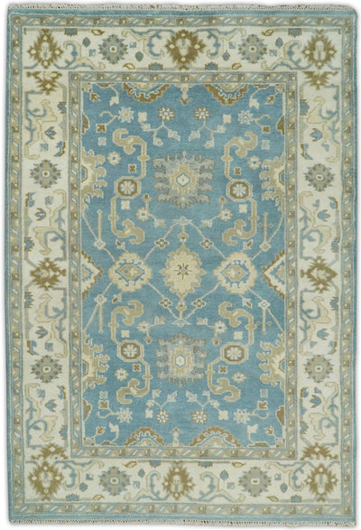 Hand Knotted 6x9 Vintage Oriental Oushak Blue and Beige Wool Area Rug | TRDCP1669 - The Rug Decor