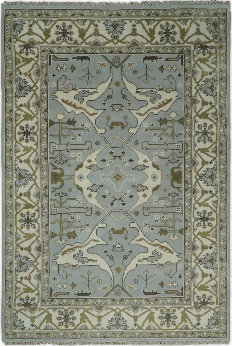 Hand Knotted 6x9 Vintage Oriental Oushak Blue and Beige Wool Area Rug | TRDCP31699 - The Rug Decor