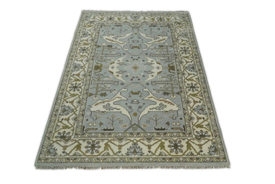 Hand Knotted 6x9 Vintage Oriental Oushak Blue and Beige Wool Area Rug | TRDCP31699 - The Rug Decor