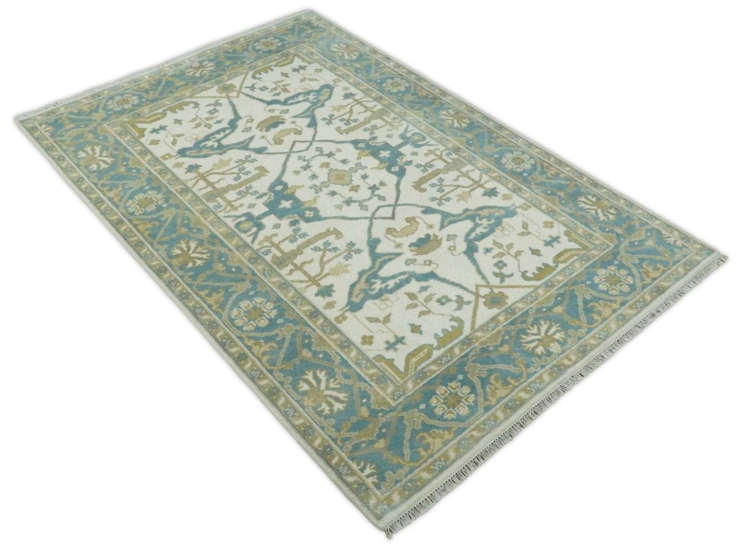 Hand Knotted 6x9 Vintage Persian Oushak Ivory and Blue Wool Area Rug | TRDCP10769 - The Rug Decor