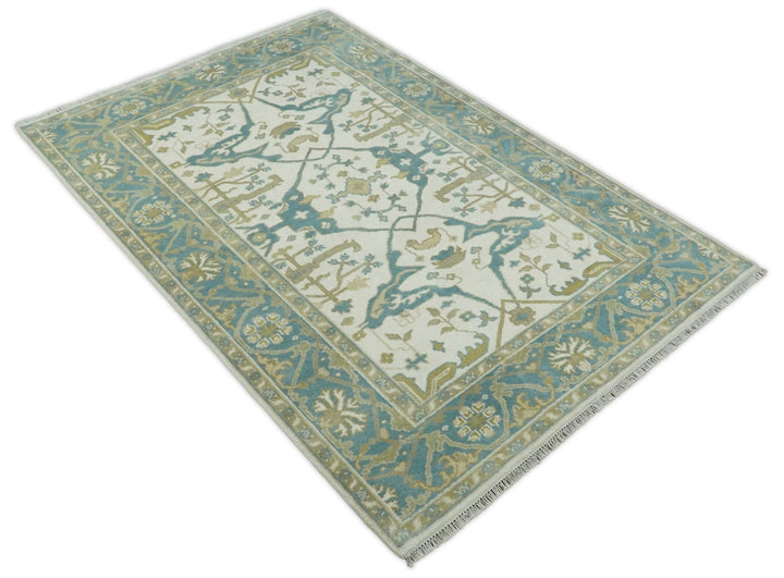 Hand Knotted 6x9 Vintage Persian Oushak Ivory and Blue Wool Area Rug | TRDCP10769 - The Rug Decor