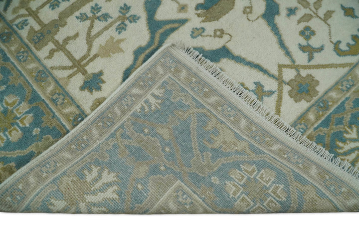 Hand Knotted 6x9 Vintage Persian Oushak Ivory and Blue Wool Area Rug | TRDCP10769 - The Rug Decor