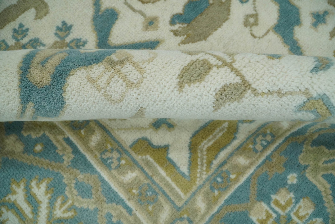 Hand Knotted 6x9 Vintage Persian Oushak Ivory and Blue Wool Area Rug | TRDCP10769 - The Rug Decor