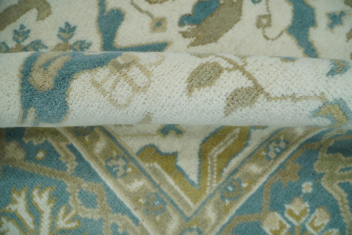 Hand Knotted 6x9 Vintage Persian Oushak Ivory and Blue Wool Area Rug | TRDCP10769 - The Rug Decor