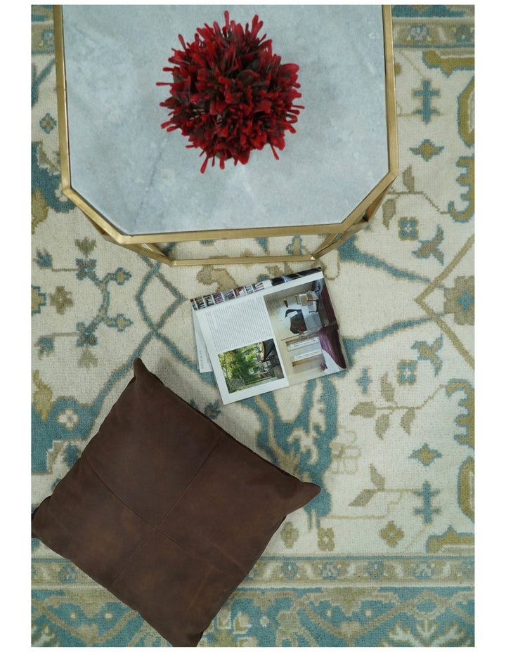 Hand Knotted 6x9 Vintage Persian Oushak Ivory and Blue Wool Area Rug | TRDCP10769 - The Rug Decor