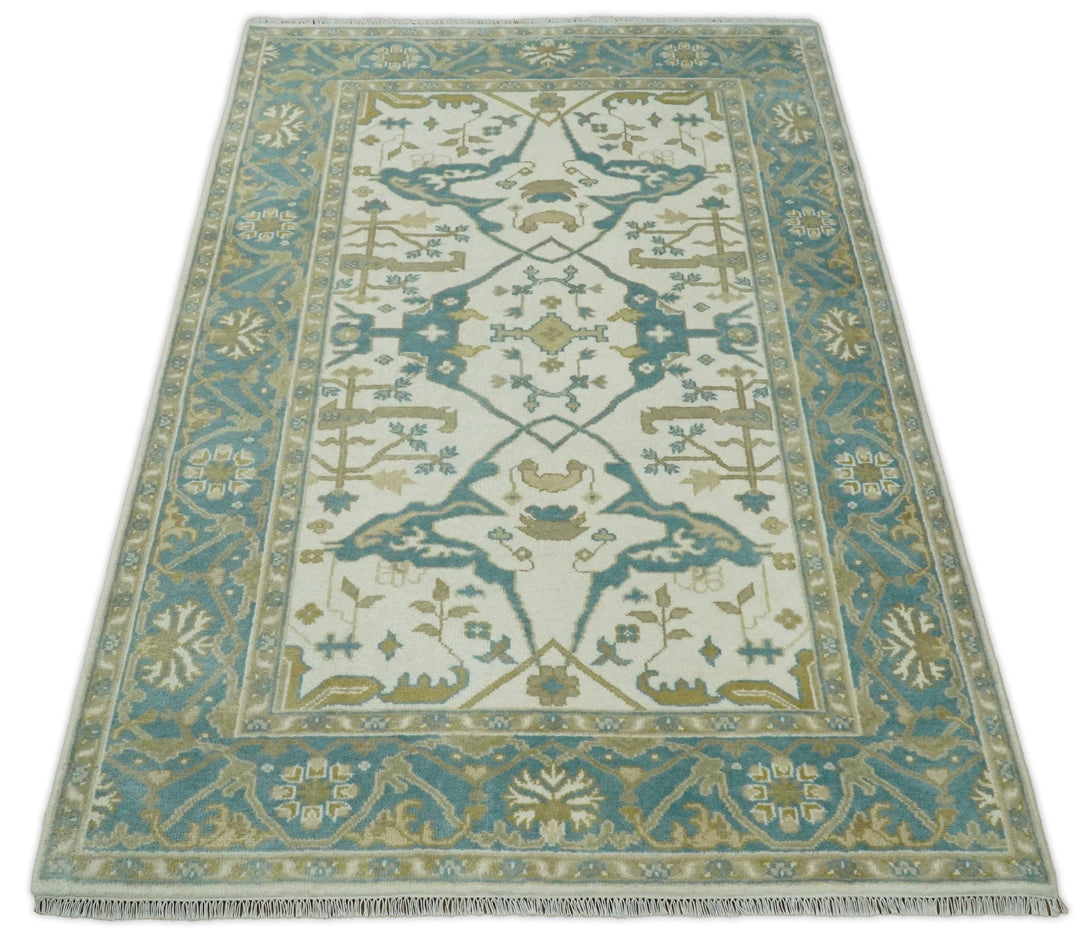 Hand Knotted 6x9 Vintage Persian Oushak Ivory and Blue Wool Area Rug | TRDCP10769 - The Rug Decor