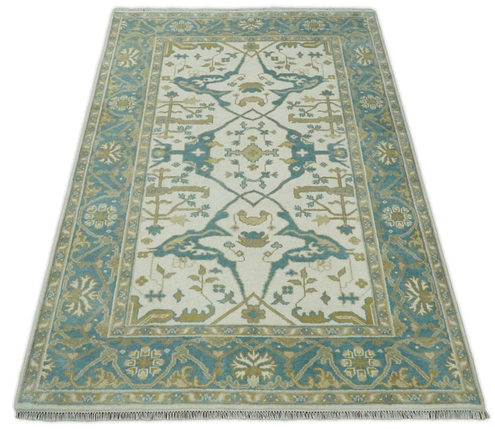 Hand Knotted 6x9 Vintage Persian Oushak Ivory and Blue Wool Area Rug | TRDCP10769 - The Rug Decor