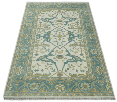 Hand Knotted 6x9 Vintage Persian Oushak Ivory and Blue Wool Area Rug | TRDCP10769 - The Rug Decor