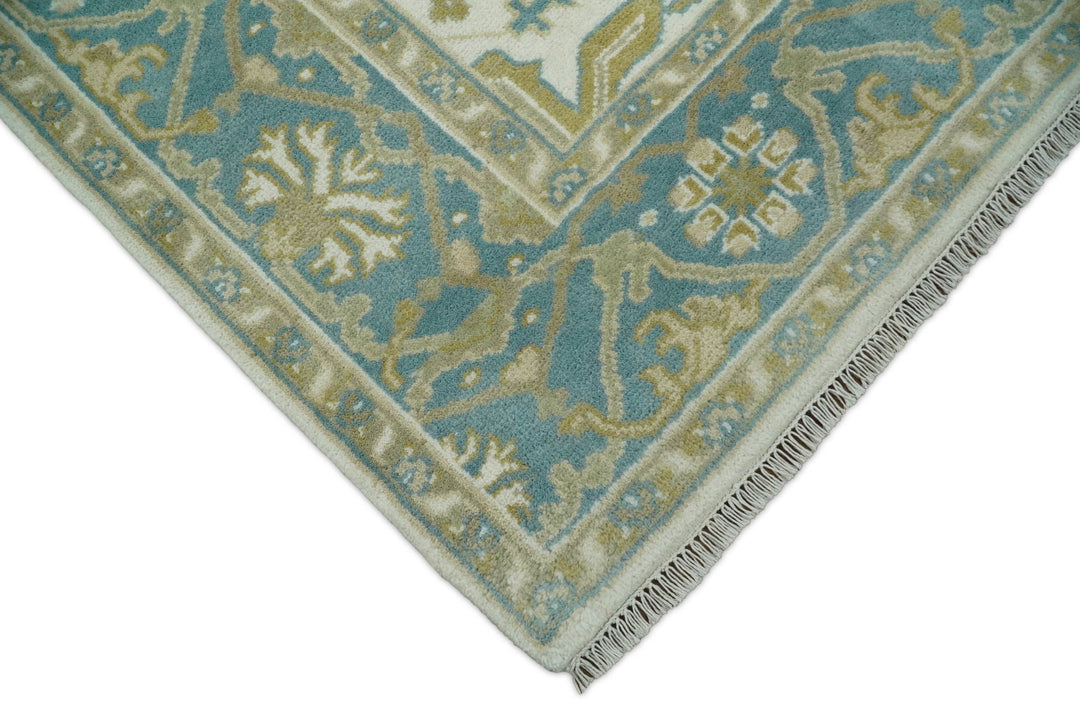 Hand Knotted 6x9 Vintage Persian Oushak Ivory and Blue Wool Area Rug | TRDCP10769 - The Rug Decor