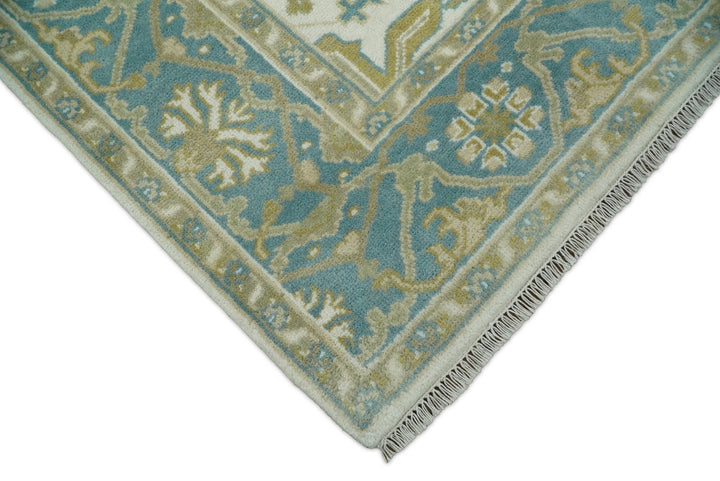 Hand Knotted 6x9 Vintage Persian Oushak Ivory and Blue Wool Area Rug | TRDCP10769 - The Rug Decor
