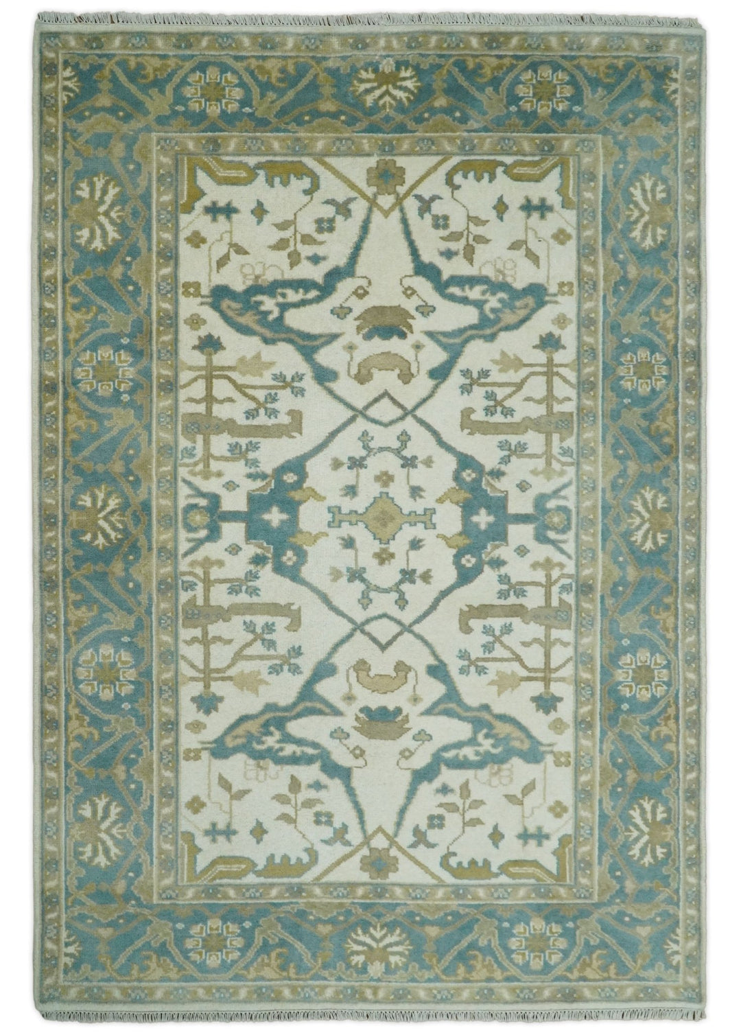 Hand Knotted 6x9 Vintage Persian Oushak Ivory and Blue Wool Area Rug | TRDCP10769 - The Rug Decor