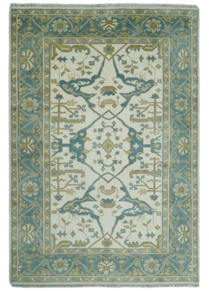 Hand Knotted 6x9 Vintage Persian Oushak Ivory and Blue Wool Area Rug | TRDCP10769 - The Rug Decor