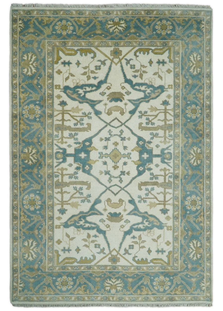 Hand Knotted 6x9 Vintage Persian Oushak Ivory and Blue Wool Area Rug | TRDCP10769 - The Rug Decor